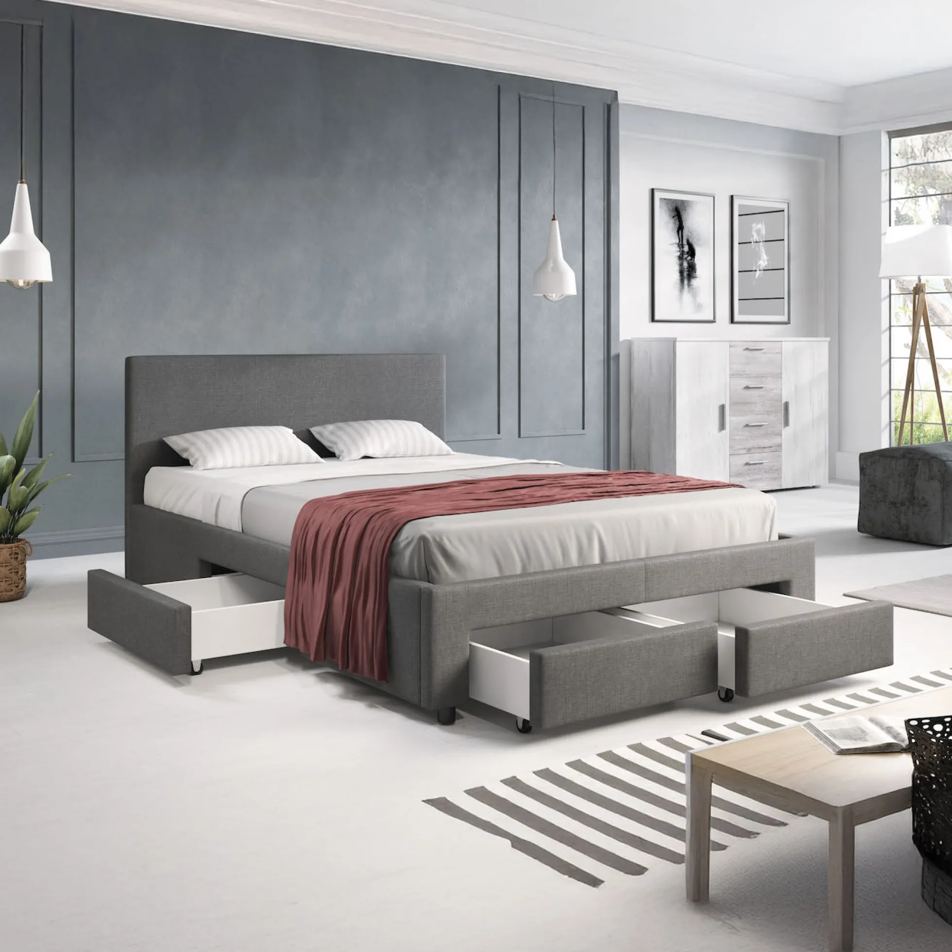 Suente - Tweepersoonsbed met 4 lades - Stof grijs - 140x200 cm