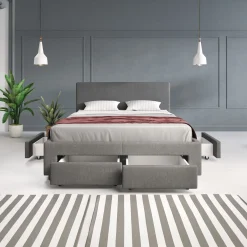 Suente - Tweepersoonsbed met 4 lades - Stof grijs - 140x200 cm