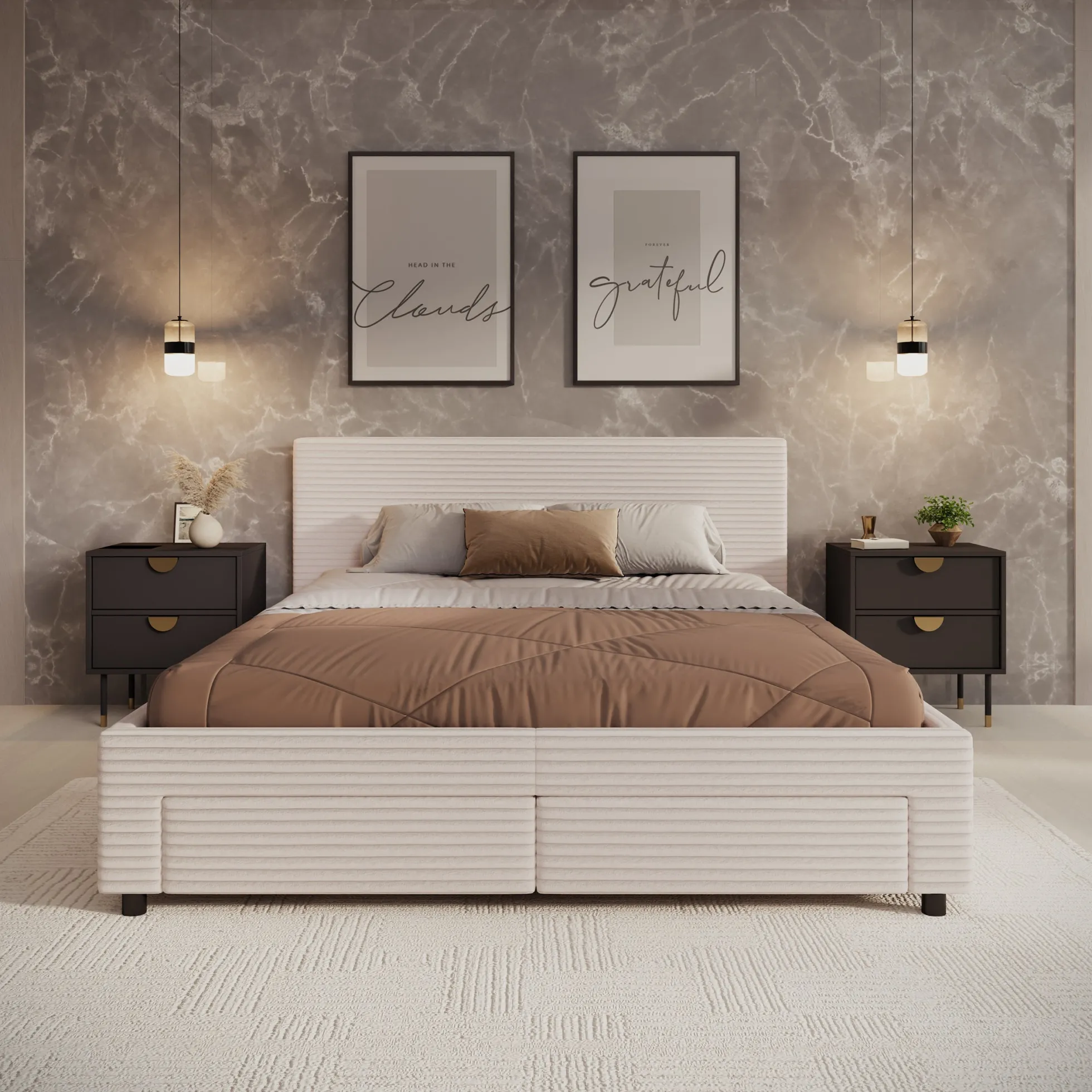 Suente - Tweepersoonsbed met 4 lades - Ribstof beige - 160x200 cm
