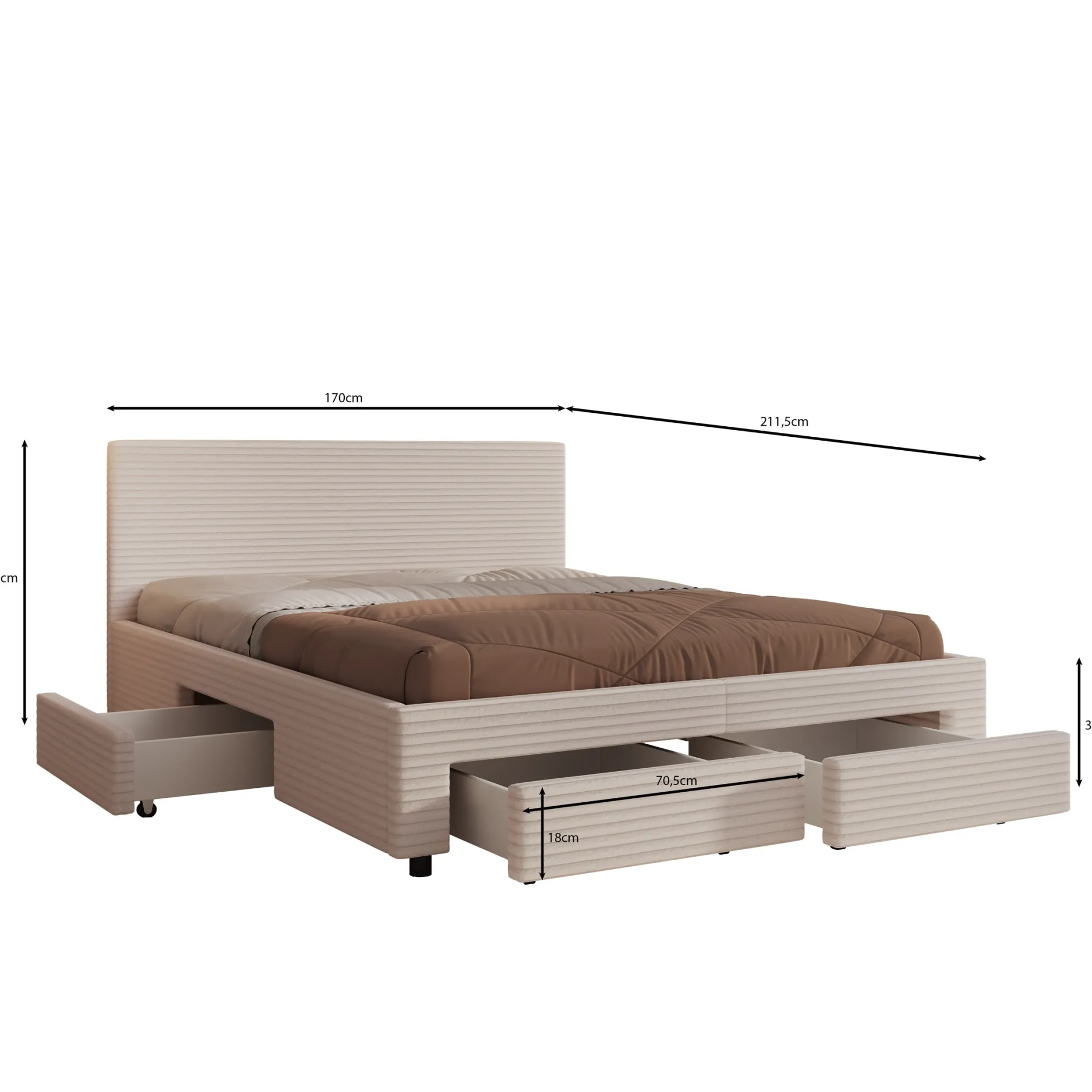 Suente - Tweepersoonsbed met 4 lades - Ribstof beige - 160x200 cm