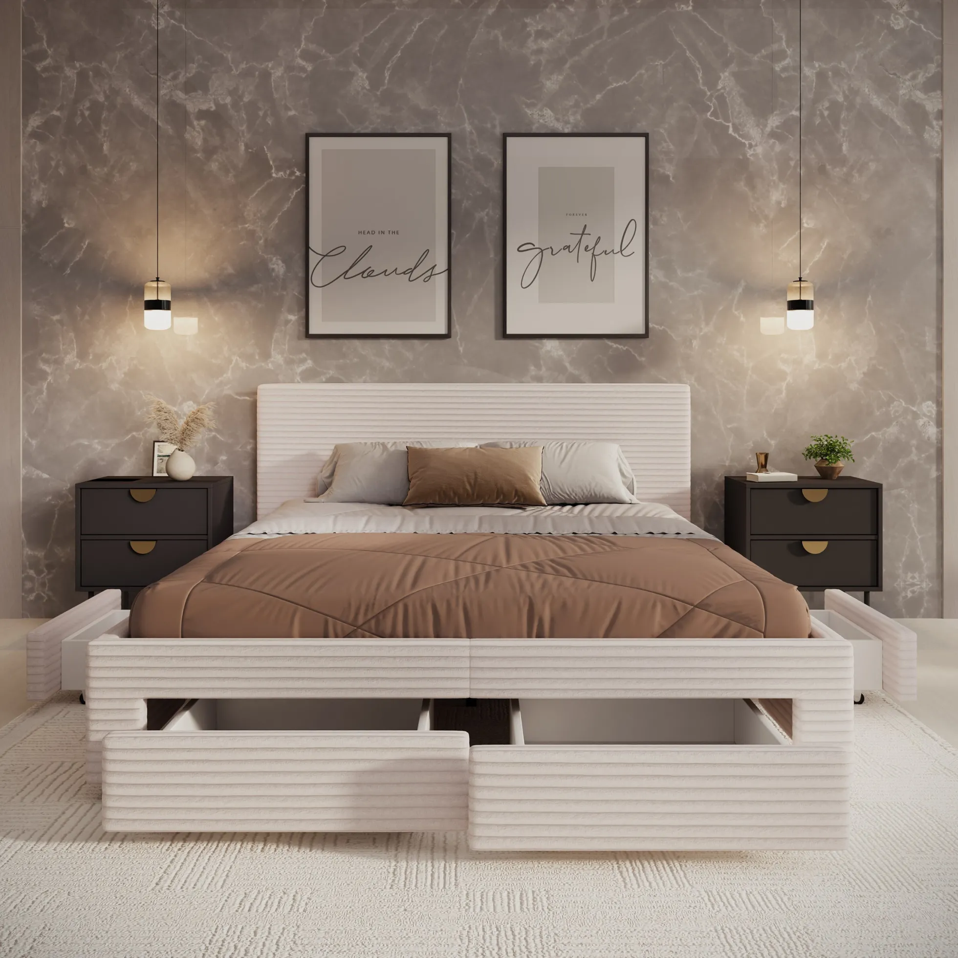 Suente - Tweepersoonsbed met 4 lades - Ribstof beige - 160x200 cm