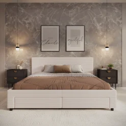 Suente - Tweepersoonsbed met 4 lades - Ribstof beige - 180x200 cm