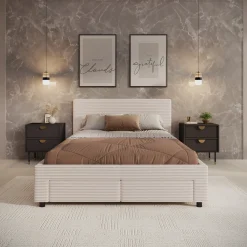 Suente - Tweepersoonsbed met 4 lades - Ribstof beige - 140x200 cm