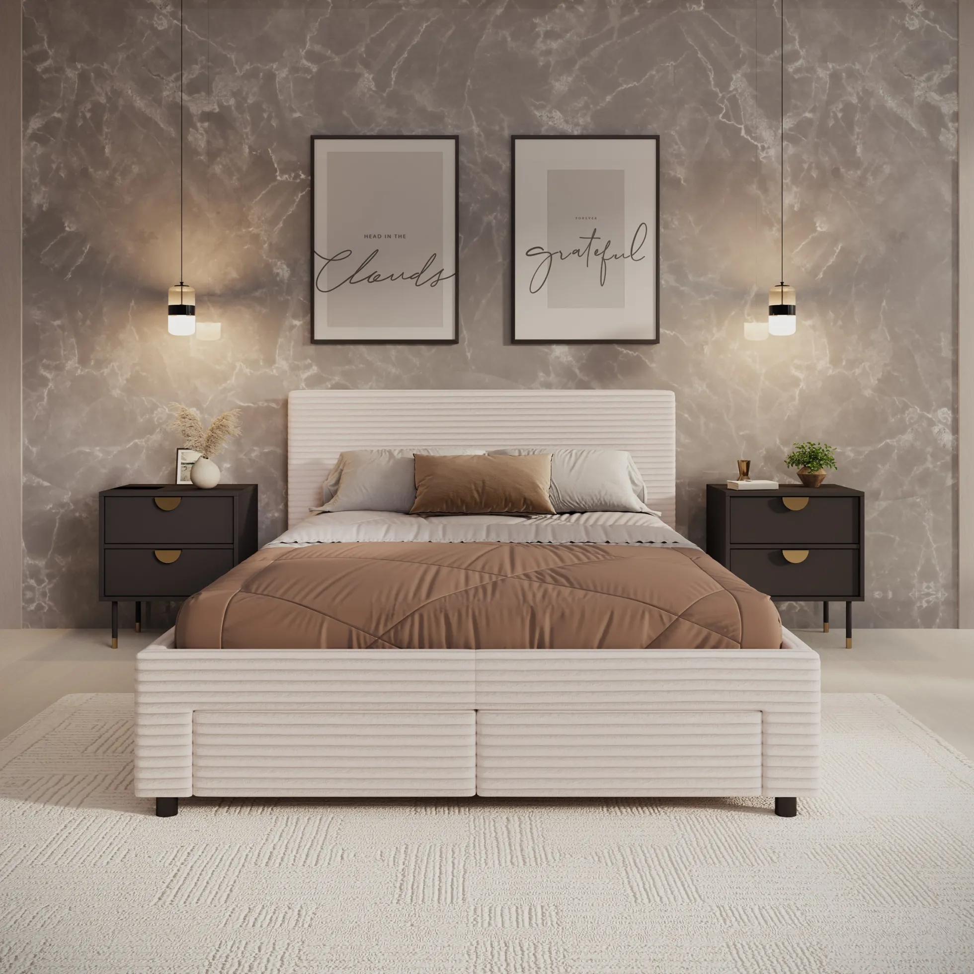 Suente - Tweepersoonsbed met 4 lades - Ribstof beige - 140x200 cm