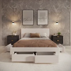 Suente - Tweepersoonsbed met 4 lades - Ribstof beige - 140x200 cm