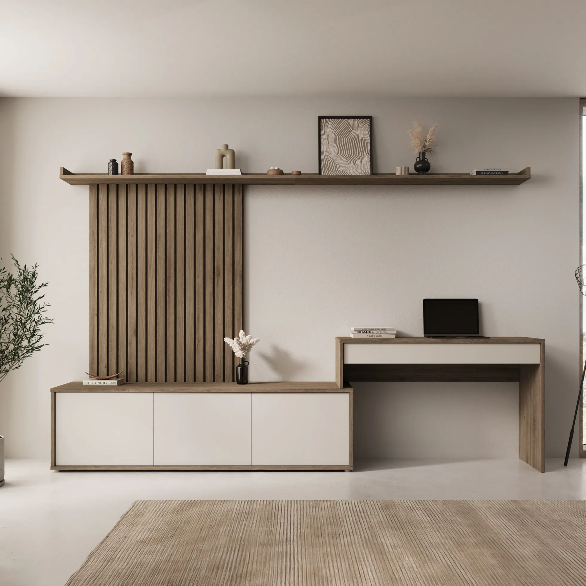 Sundra - Wandmeubel met bureau - Beige/Eiken - 300x42x190 cm