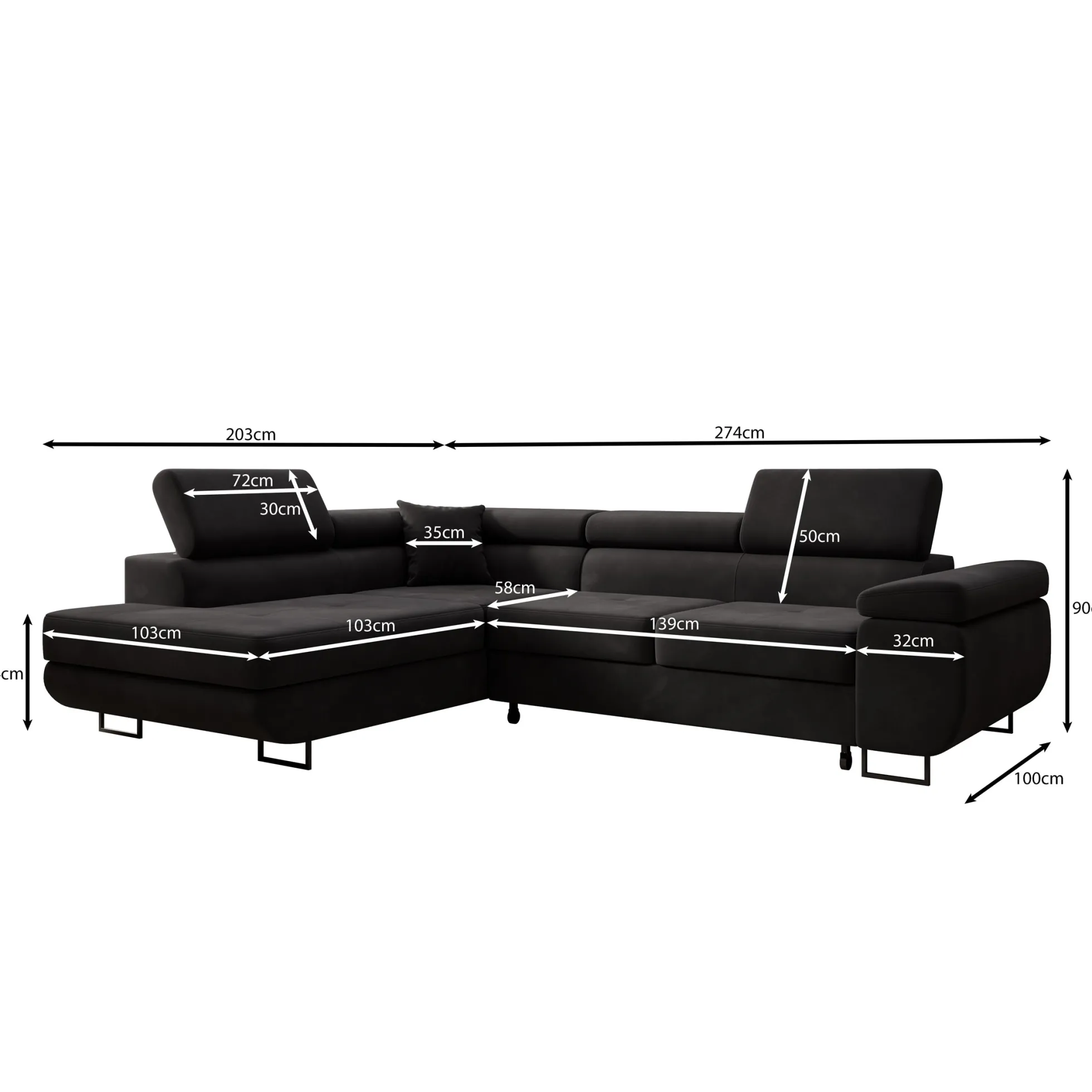 Tacito - Hoekbank 4-zits - Velvet zwart - Links