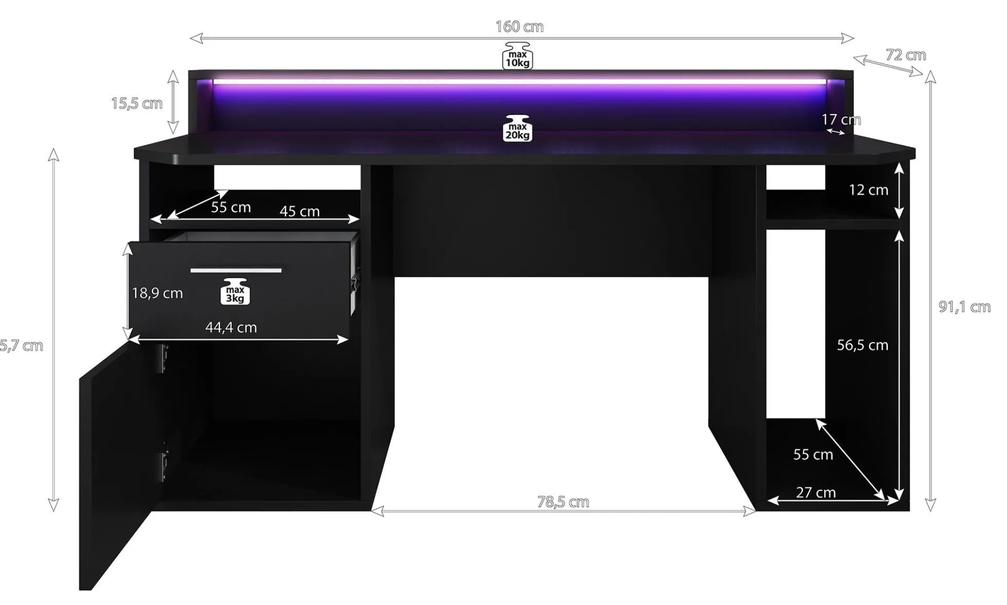 Tamara 3 - Bureau - Zwart - 160x72 cm