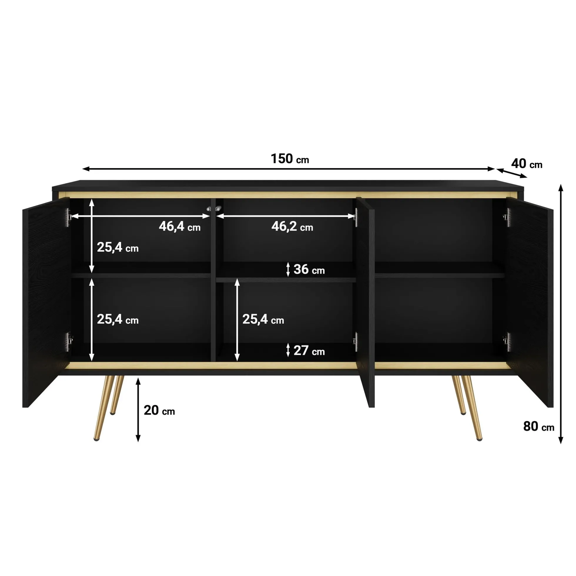 Tara - Dressoir - Zwart - 150x40x80 cm