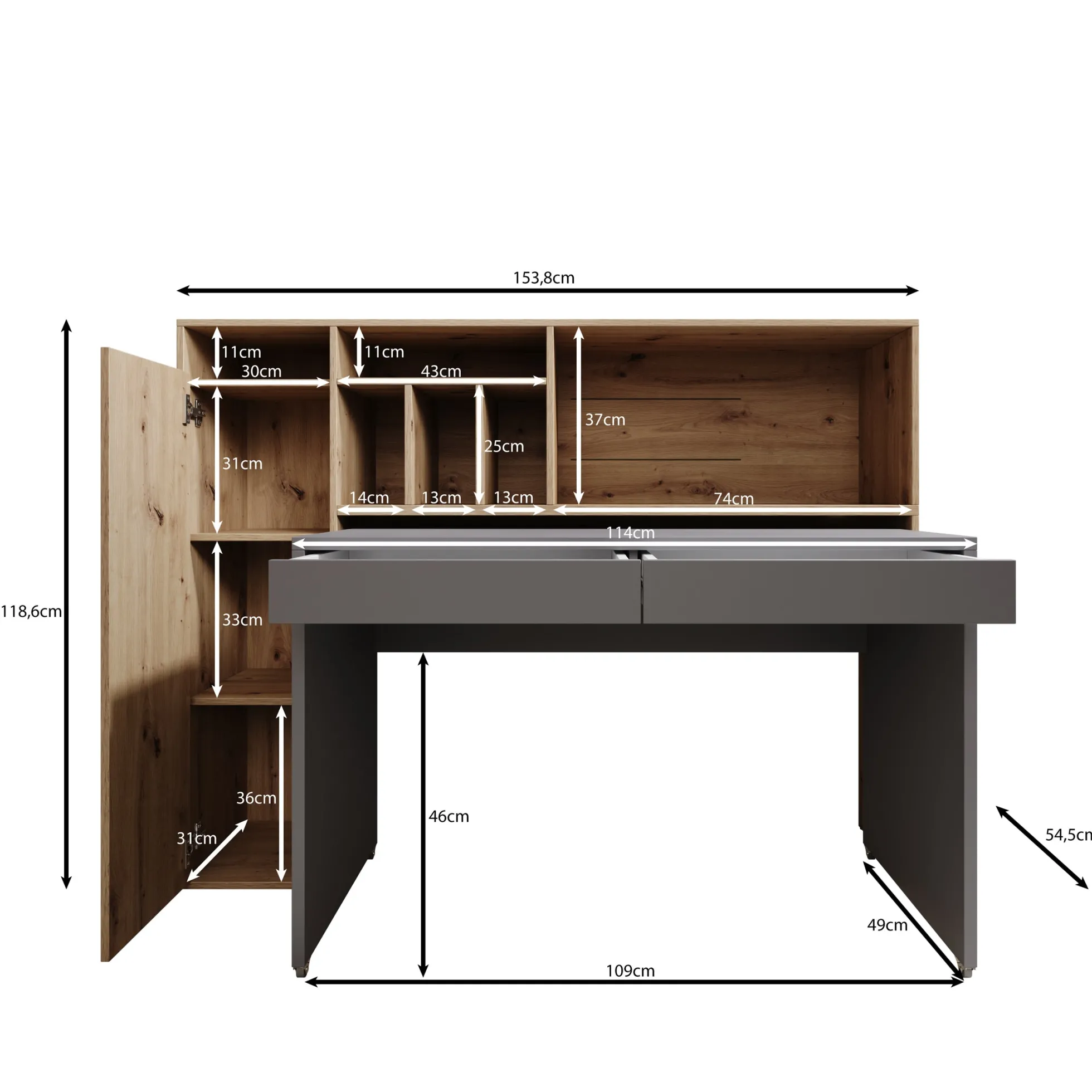 Taroa - Bureau - Eikenpatroon/Lichtgrijs - 154x55x119 cm