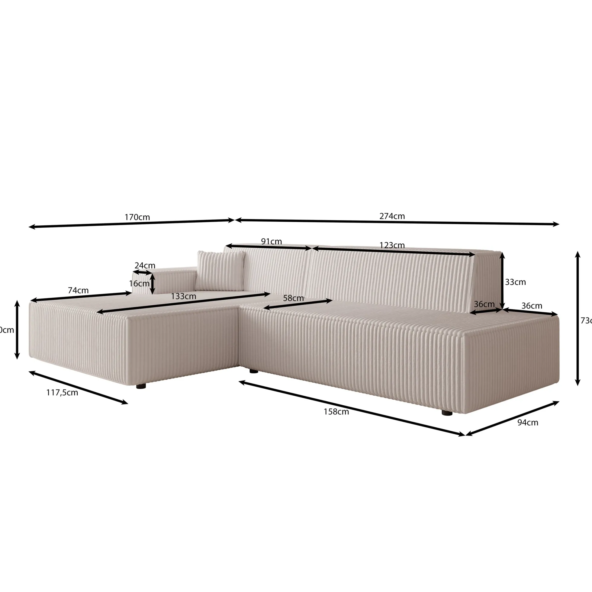 Tasmania - Hoekbank 3-zits met slaapfunctie - Ribstof beige - Links