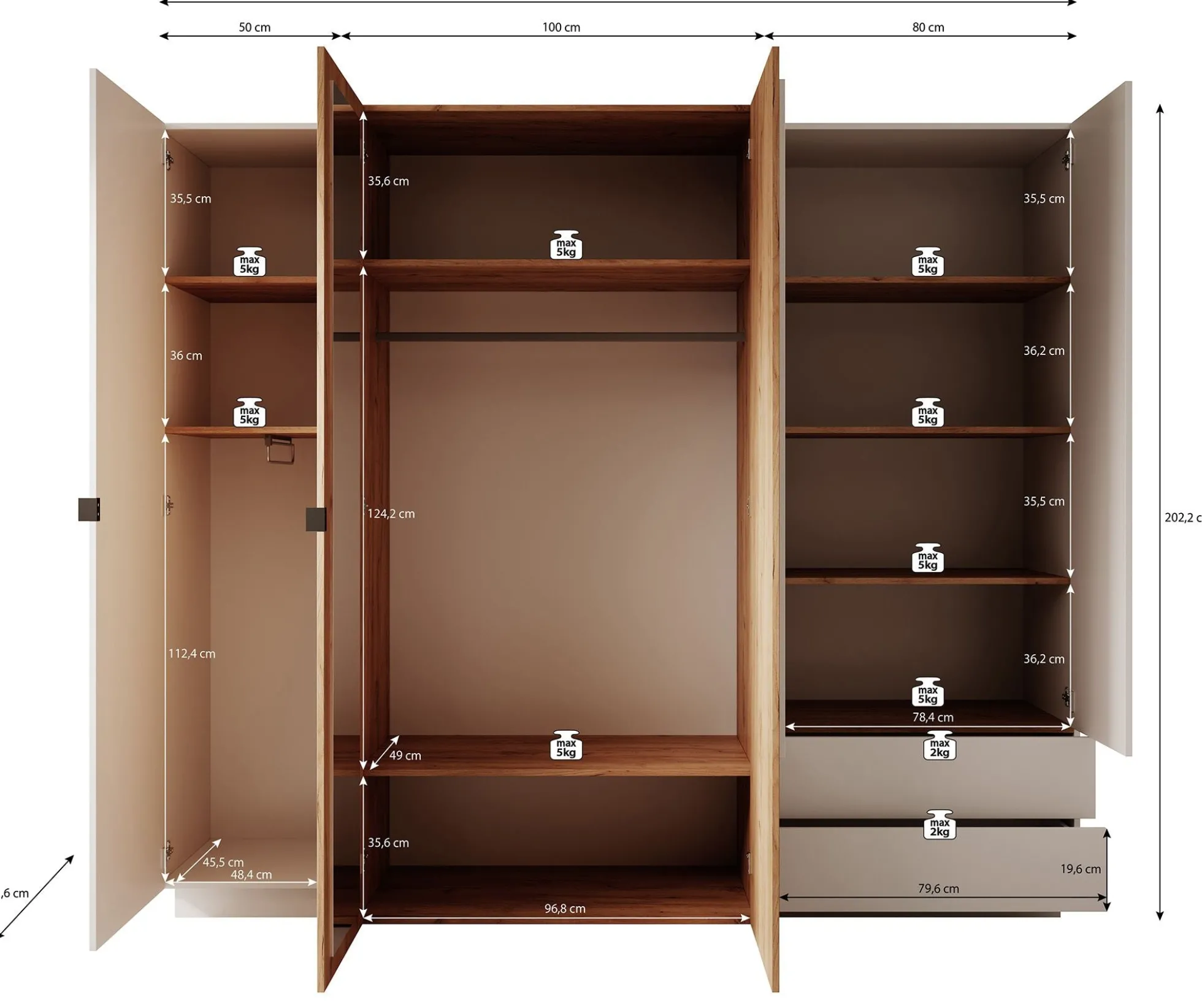 Three - Kledingkast 4-deurs - Eiken - 230x52x202 cm