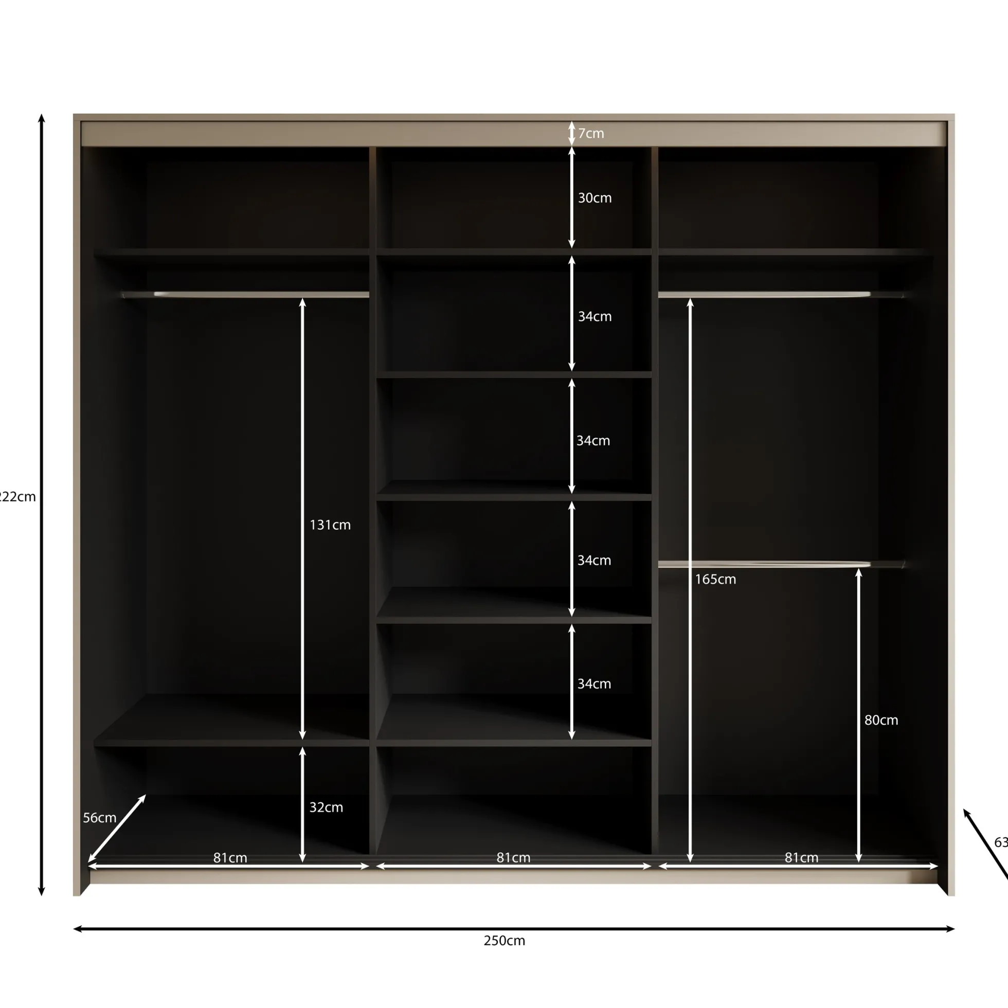 Timoteo - Kledingkast met schuifdeuren - Zwart - 250x63x222 cm