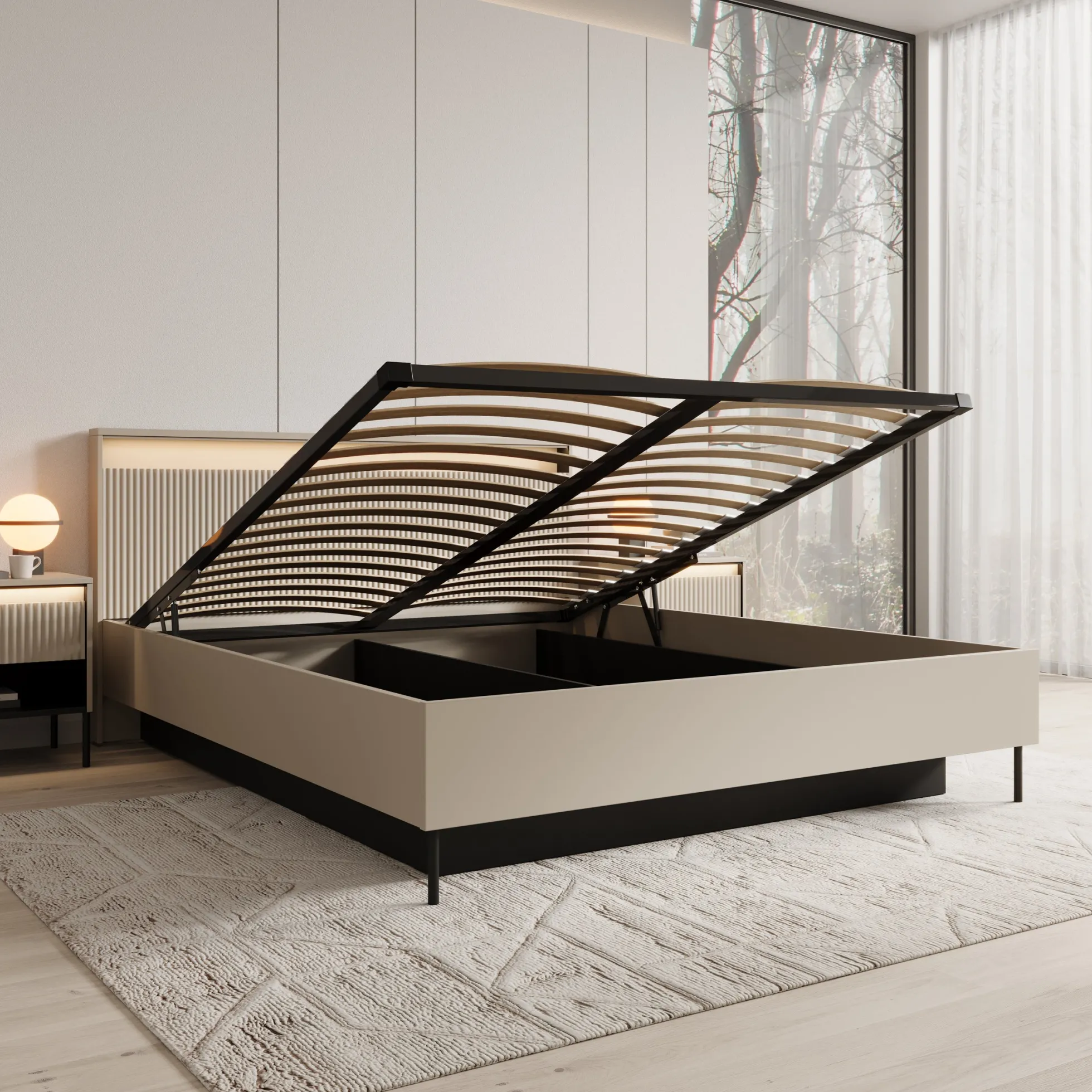 Timoteo - Tweepersoonsbed met opbergruimte - Beige - 160x200 cm
