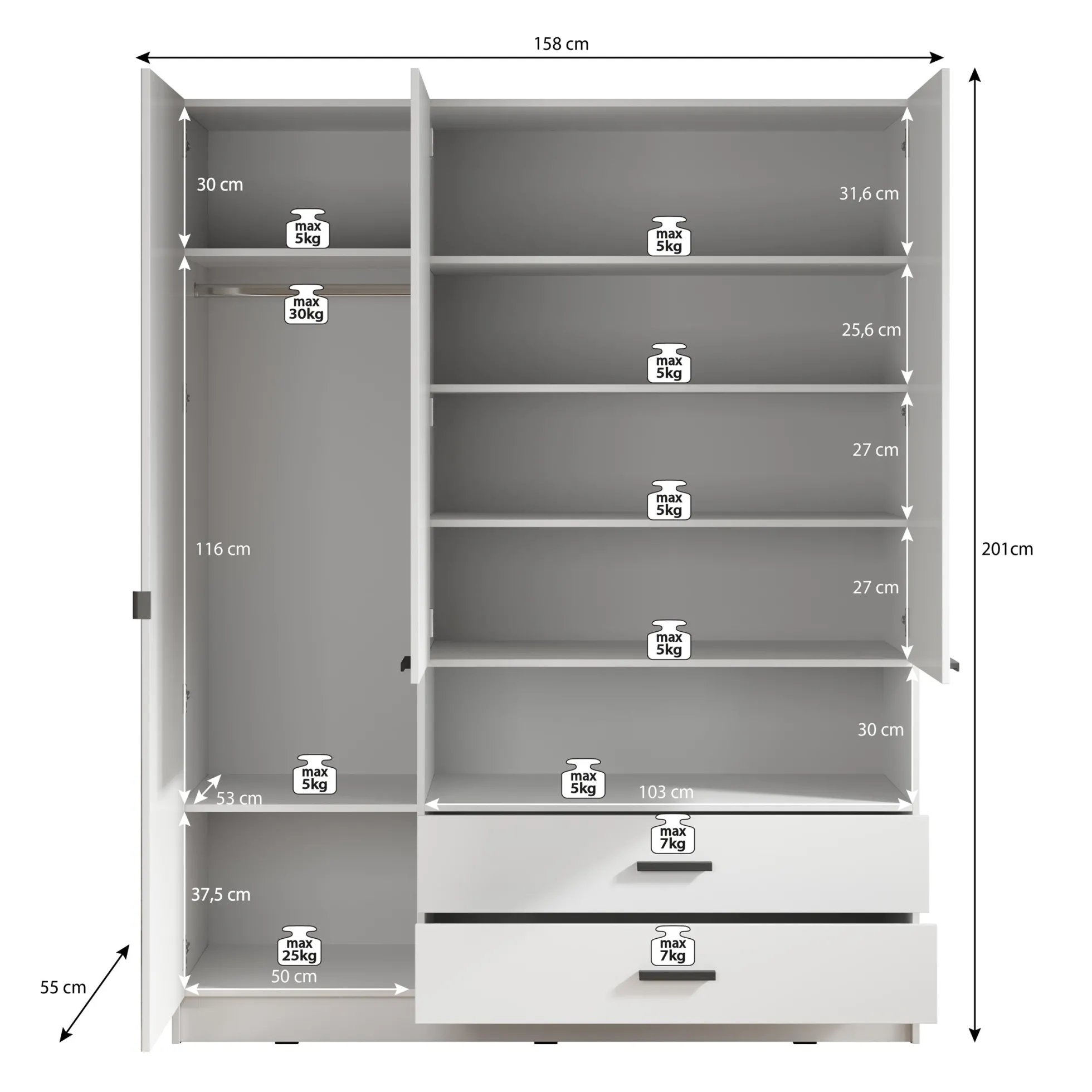 Tobin - Kledingkast 3-deurs - Eiken - 158x55x201 cm