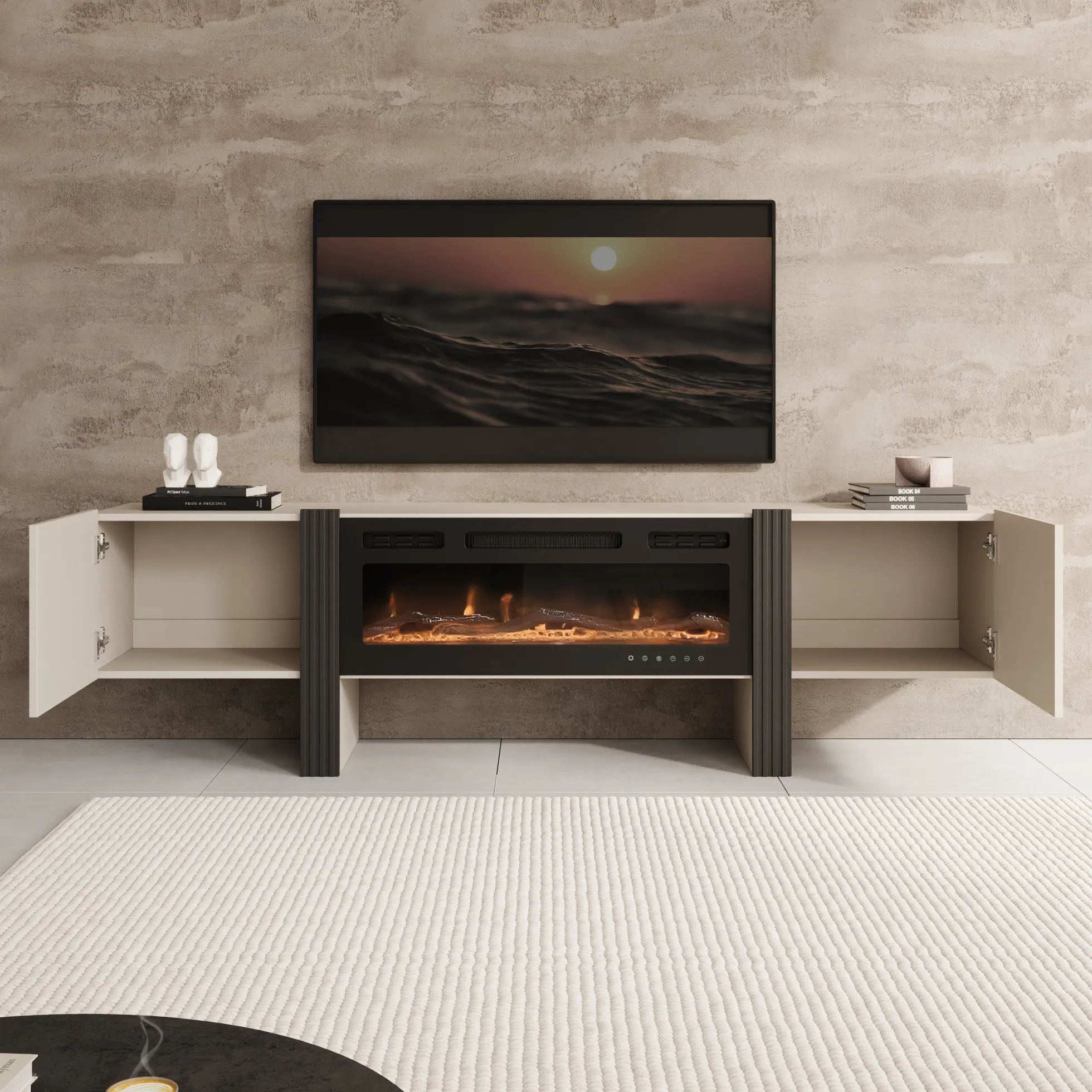 Torevia - TV-Meubel met sfeerhaard - Beige - 200x41x58 cm