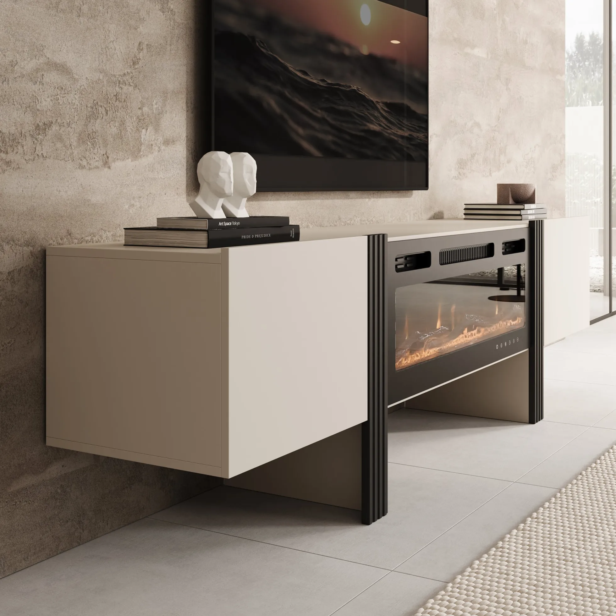 Torevia - TV-Meubel met sfeerhaard - Beige - 200x41x58 cm