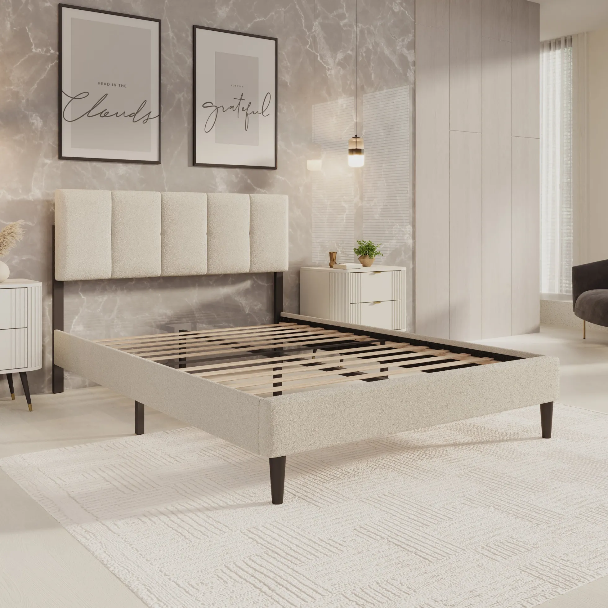 Varell - Tweepersoonsbed - Teddystof beige - 140x200 cm