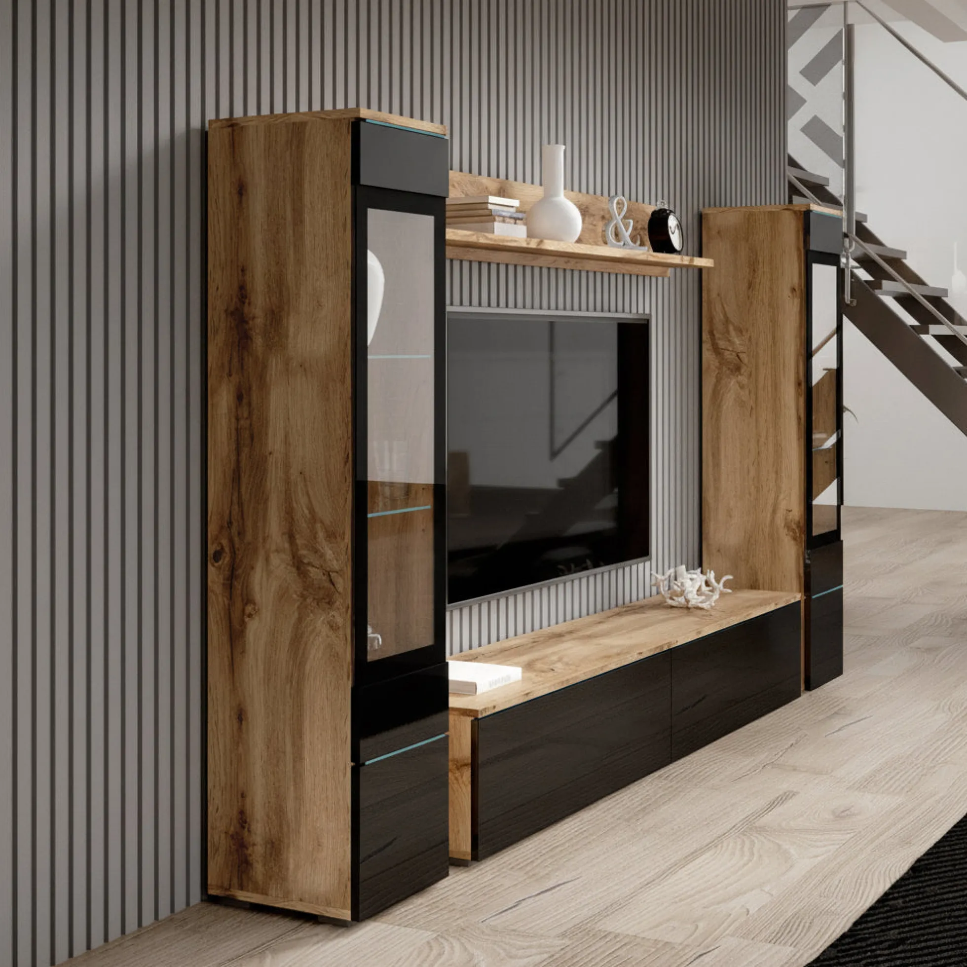 Variety - Wandmeubel - Zwart/eiken - 180x33x132 cm