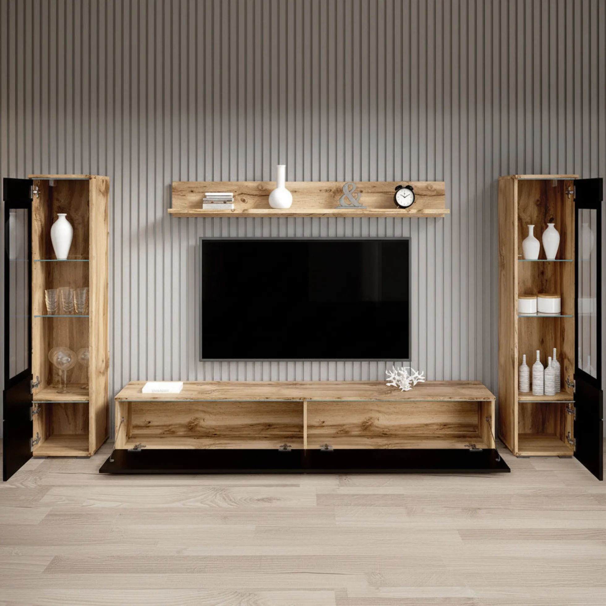 Variety - Wandmeubel - Zwart/eiken - 180x33x132 cm