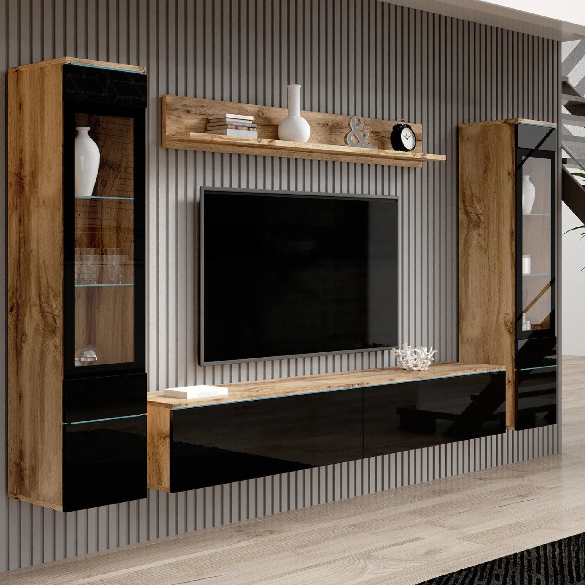 Variety - Wandmeubel - Zwart/eiken - 180x33x132 cm