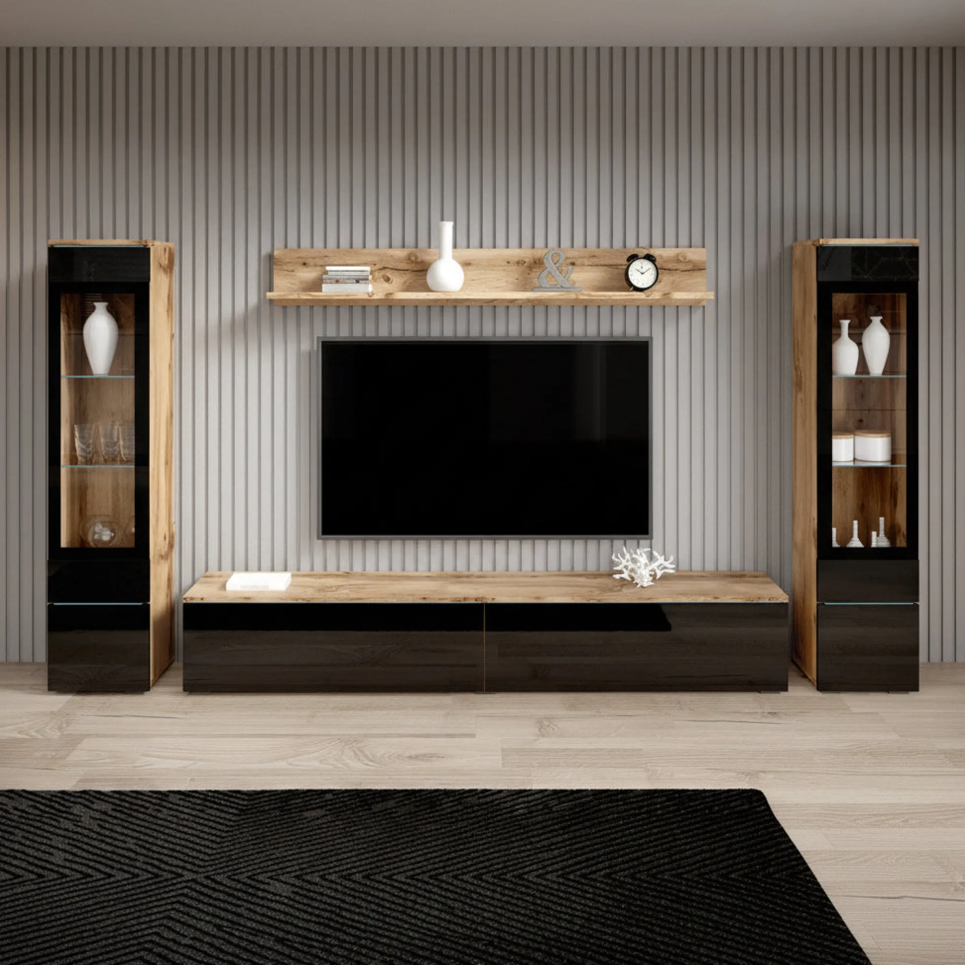 Variety - Wandmeubel - Zwart/eiken - 180x33x132 cm
