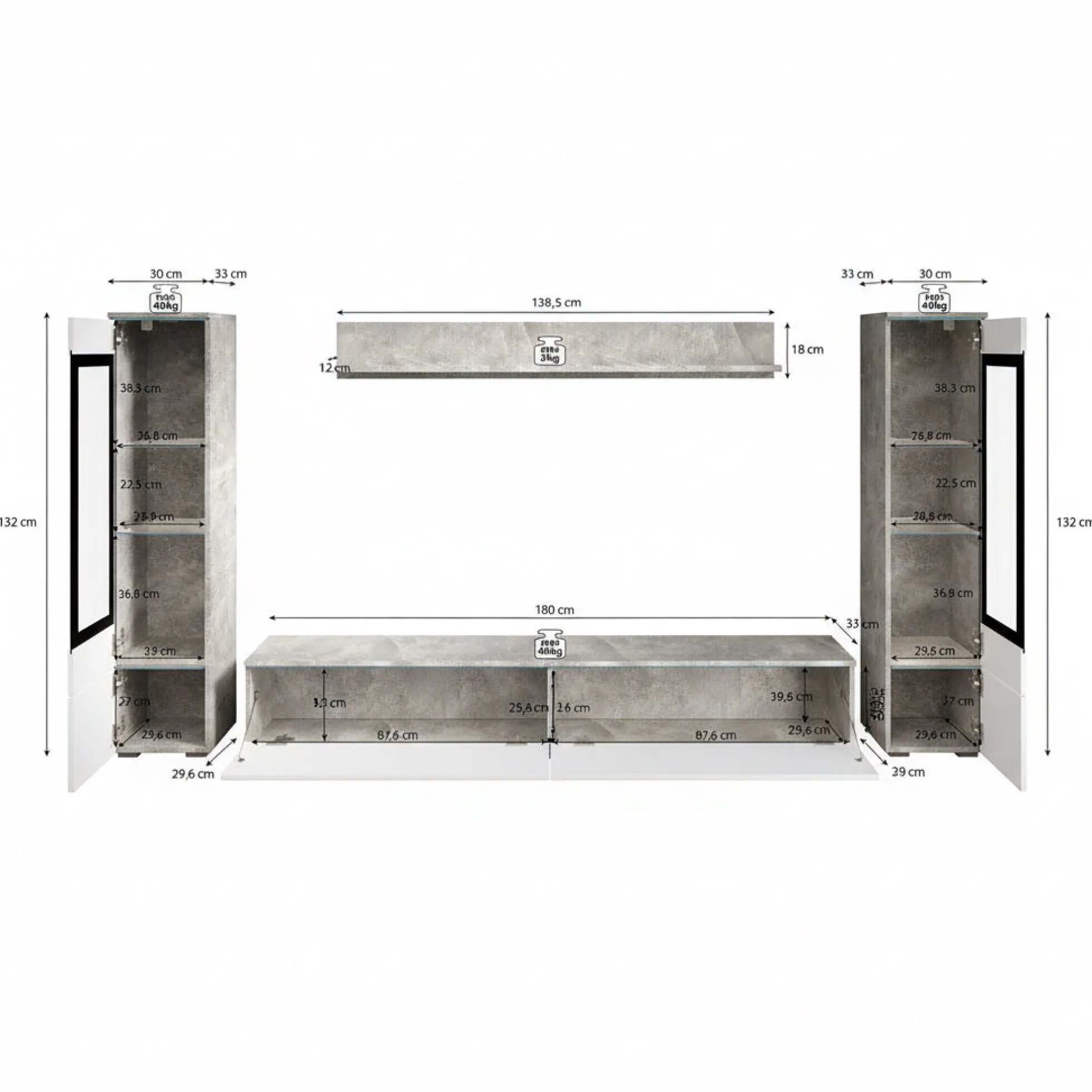 Variety - Wandmeubel - Zwart/marmerlook - 180x33x132 cm