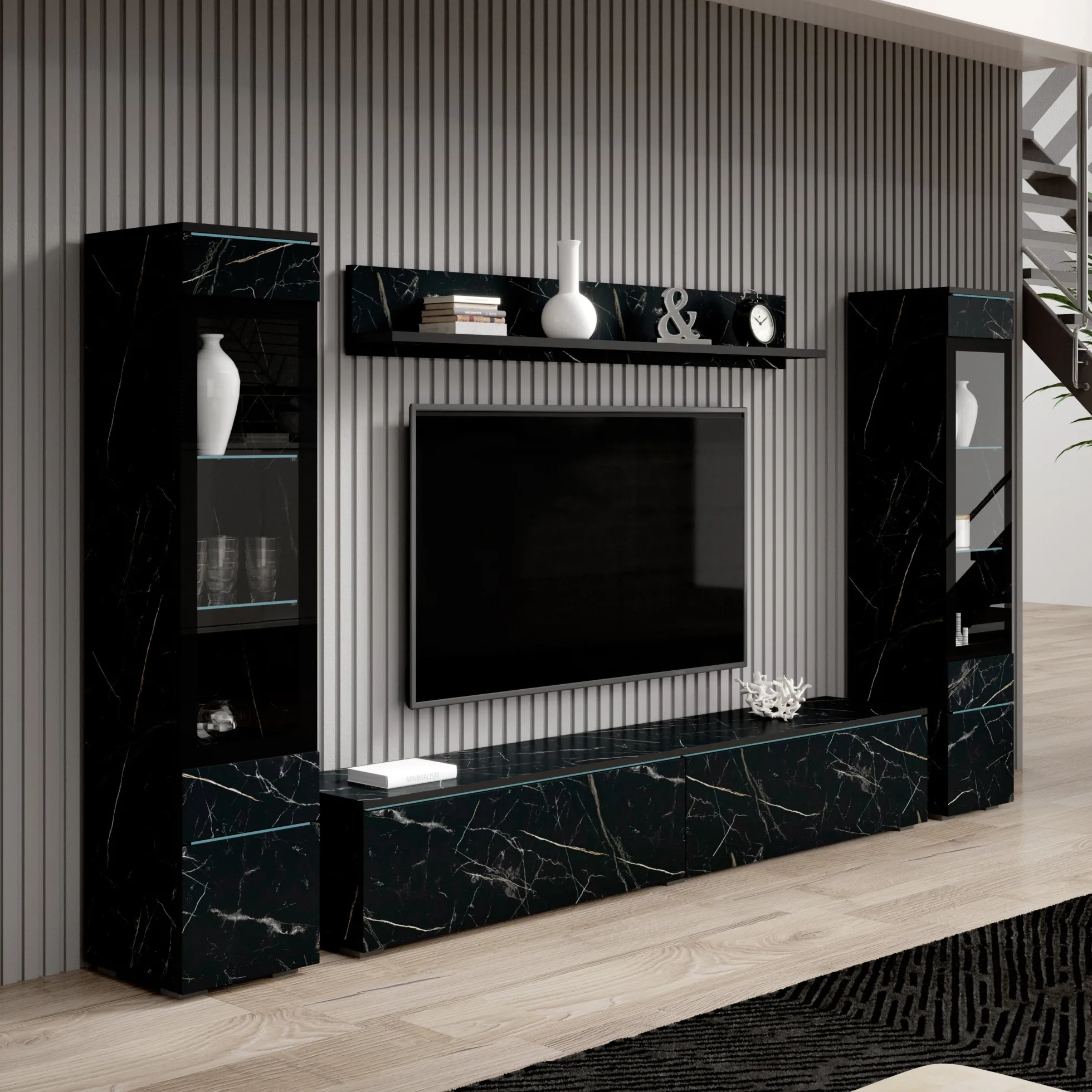 Variety - Wandmeubel - Zwart/marmerlook - 180x33x132 cm