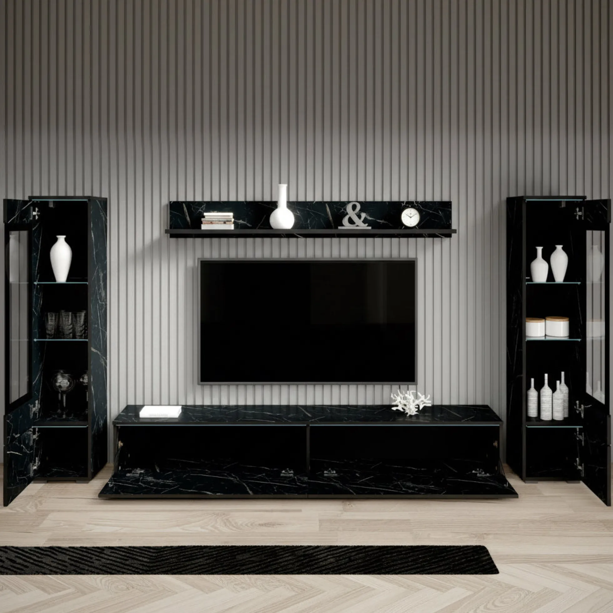 Variety - Wandmeubel - Zwart/marmerlook - 180x33x132 cm