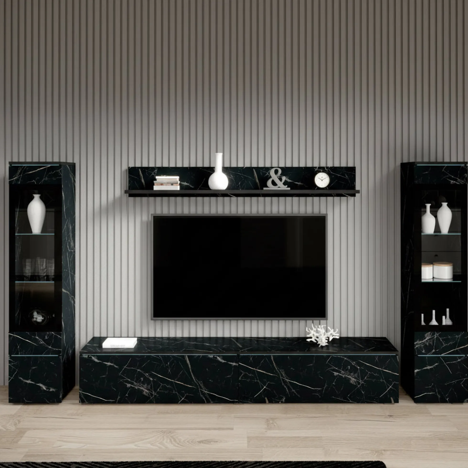 Variety - Wandmeubel - Zwart/marmerlook - 180x33x132 cm