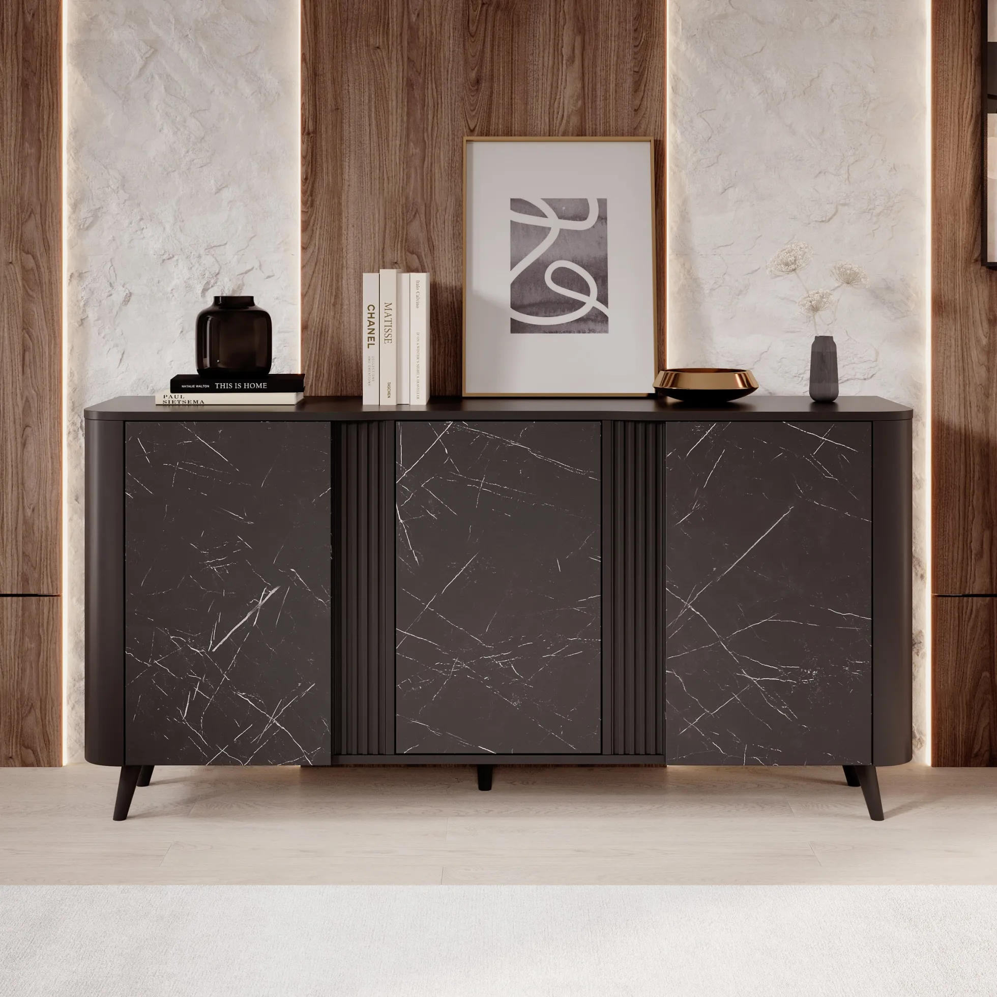 Veda - Dressoir - Zwart/marmerlook - 151x39x76 cm