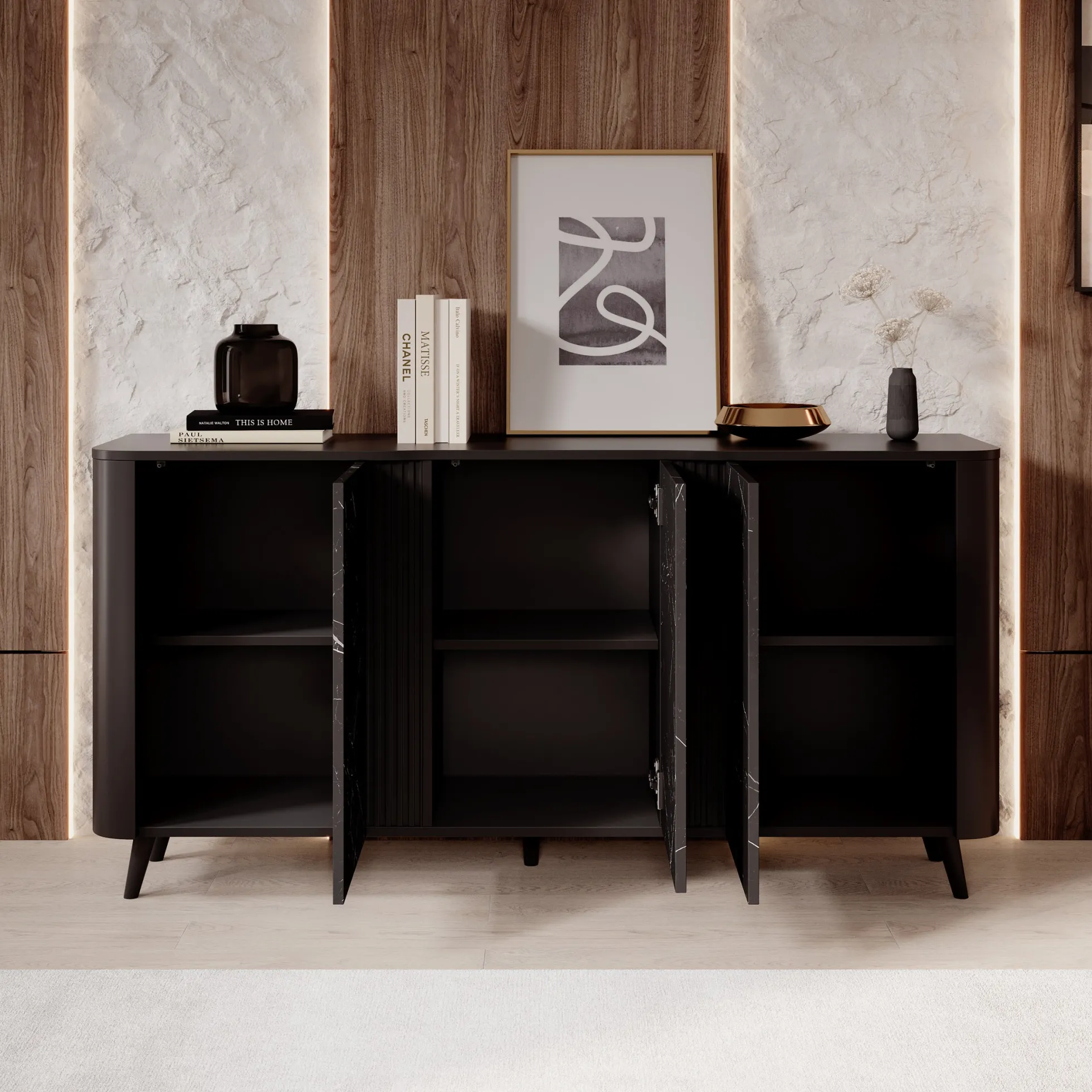 Veda - Dressoir - Zwart/marmerlook - 151x39x76 cm