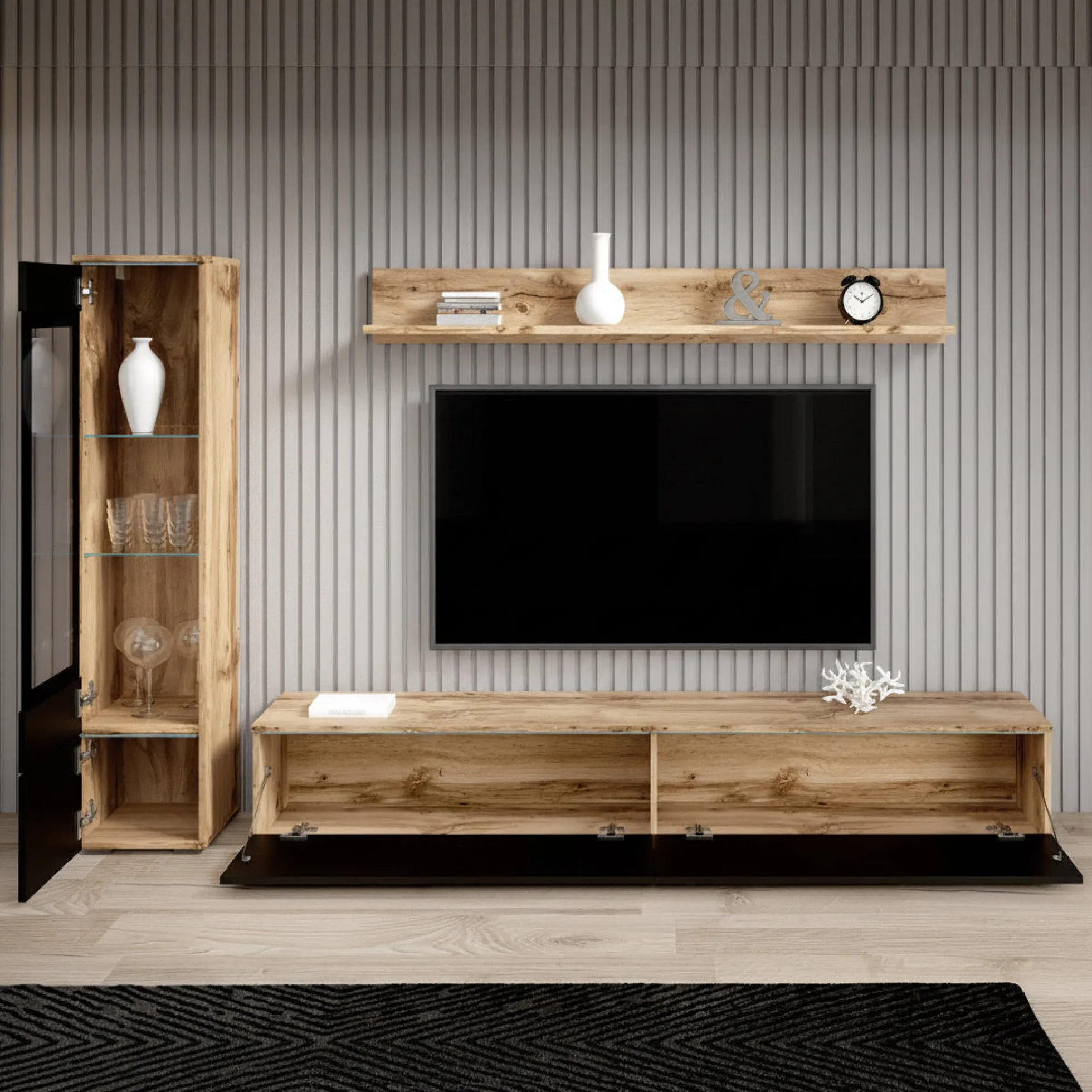 Verity - Wandmeubel - Zwart/eiken - 180x33x32 cm