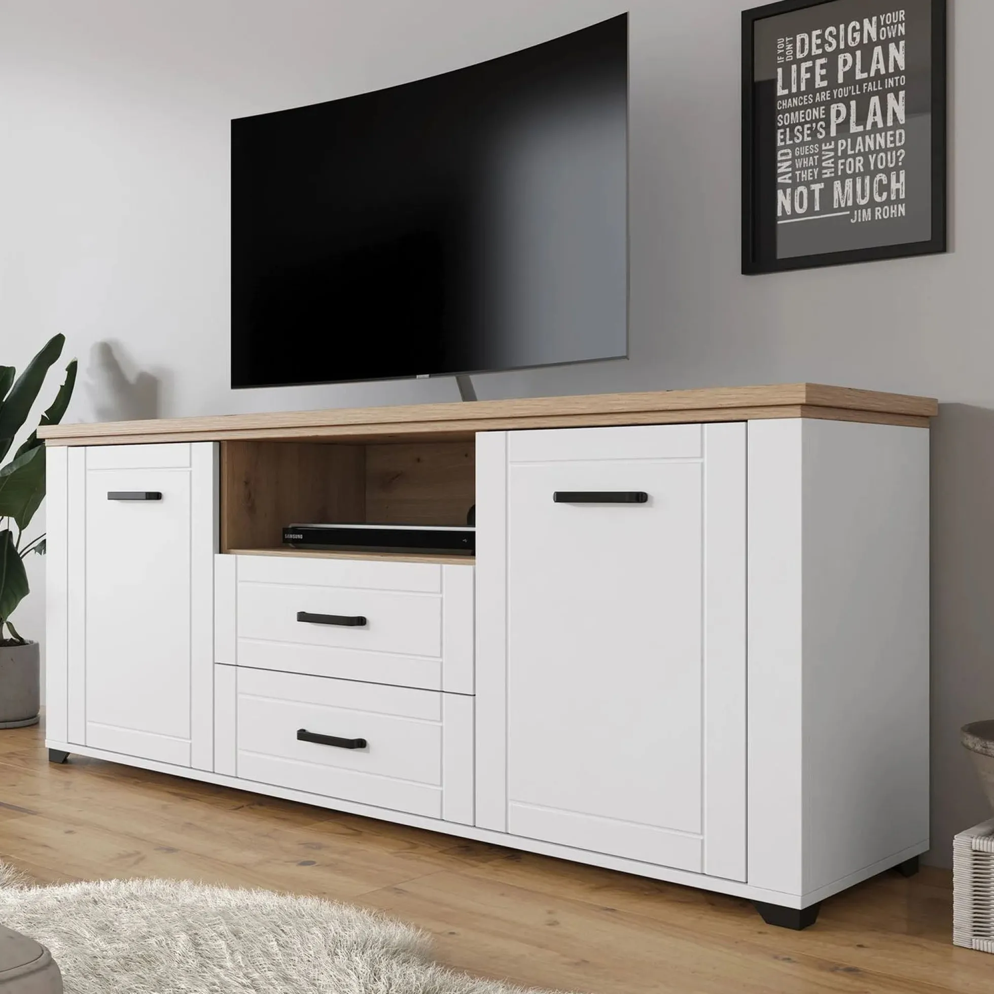 Vernon - TV-Meubel met 2 deuren - Wit/eiken - 161 cm