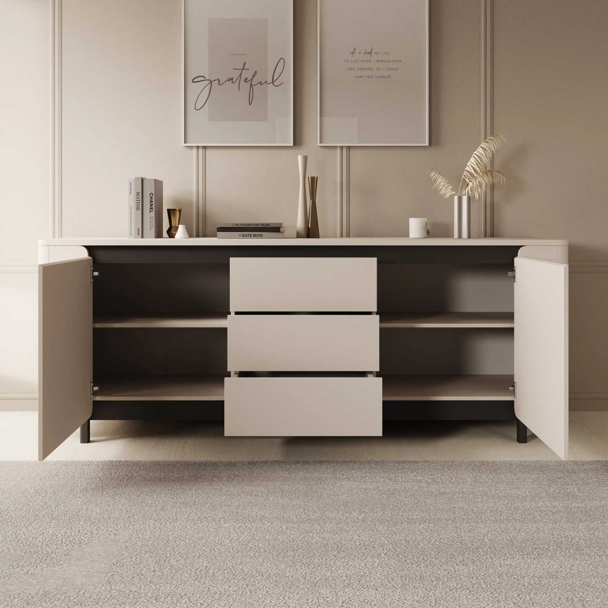 Vexon - Dressoir met lades - Beige/Zwart - 205x45x78 cm