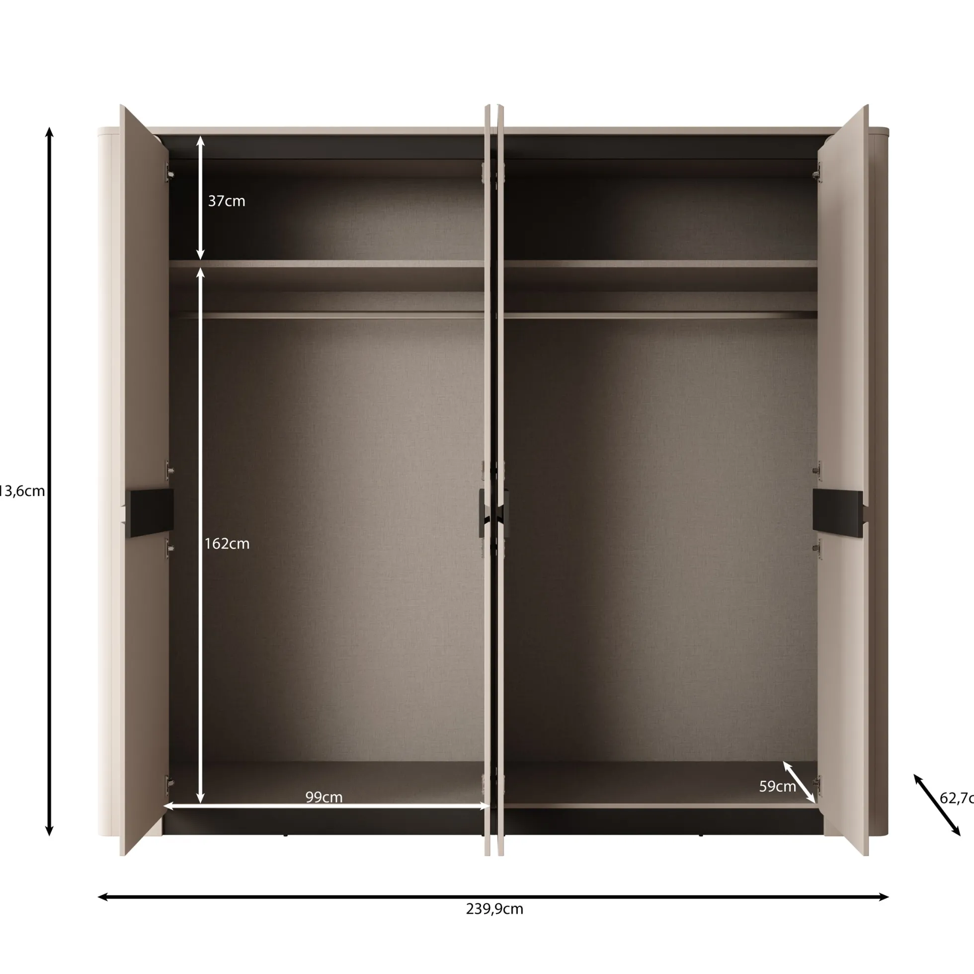 Vexon - Kledingkast met 4 deuren - Beige/Zwart - 240x63x214