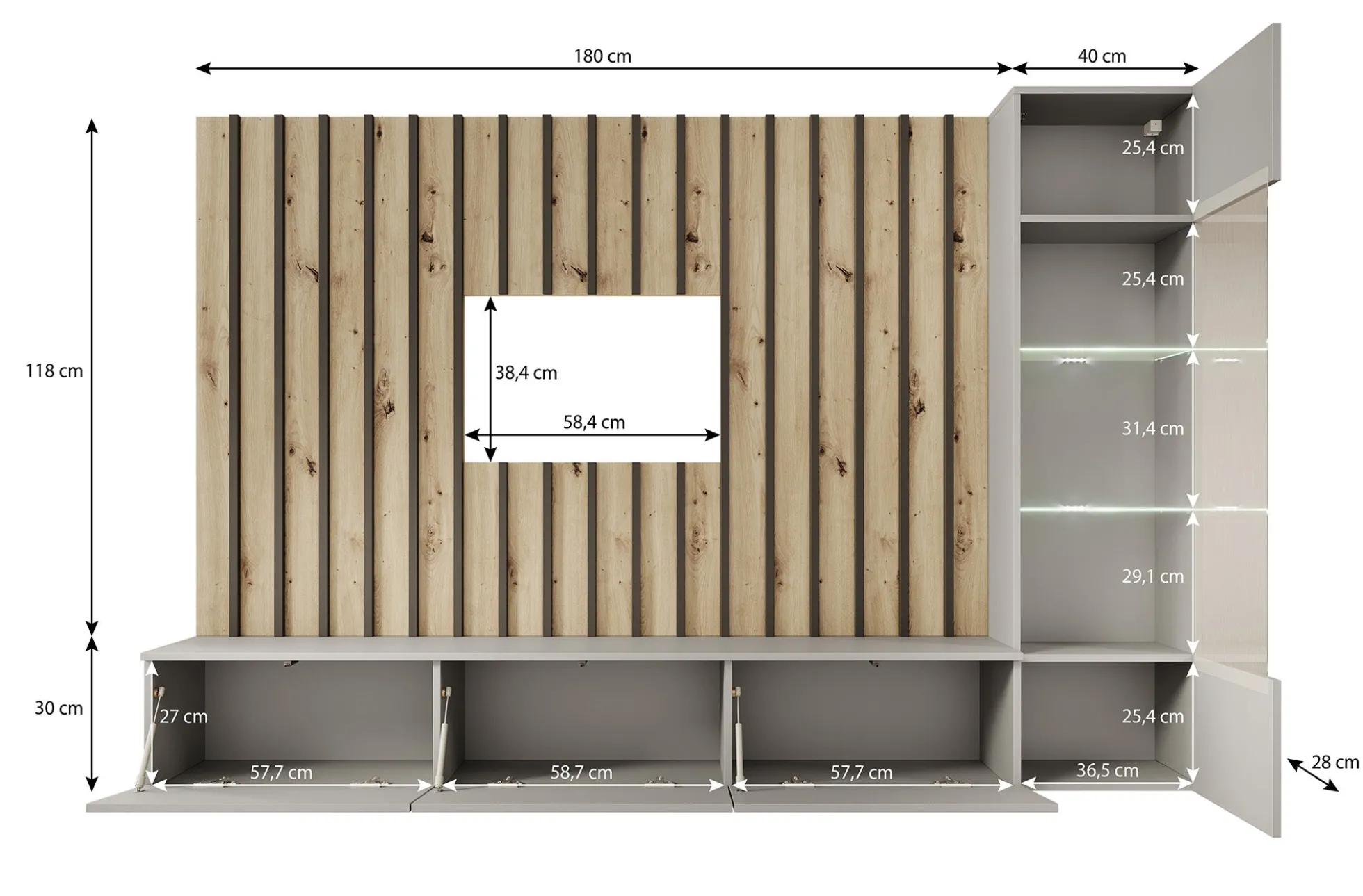 Votado 1 - Wandmeubel - Grijs/eiken - 180x35x30 cm