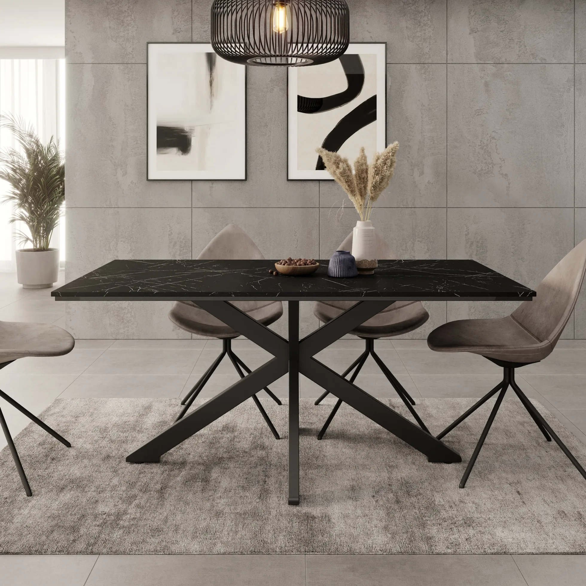 Wabe - Eetkamertafel - Zwart marmerlook - 160x90x74 cm