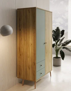 Wally - Kledingkast 2-deurs - Licht eiken/groen - 95x52x186 cm
