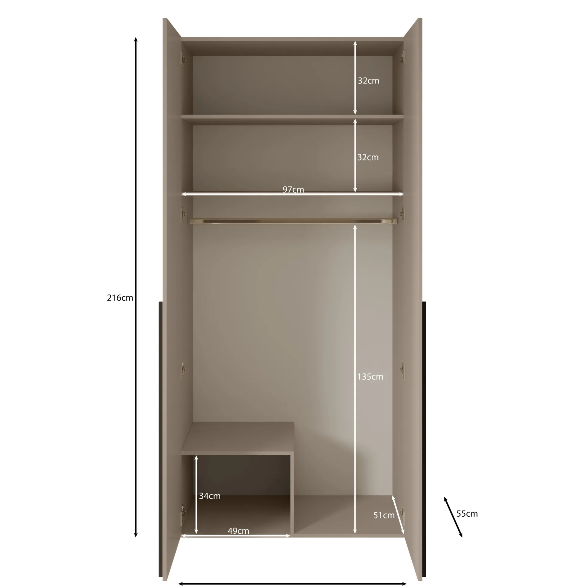 Whenua - Kledingkast met 2 deuren - Beige - 100x55x216 cm