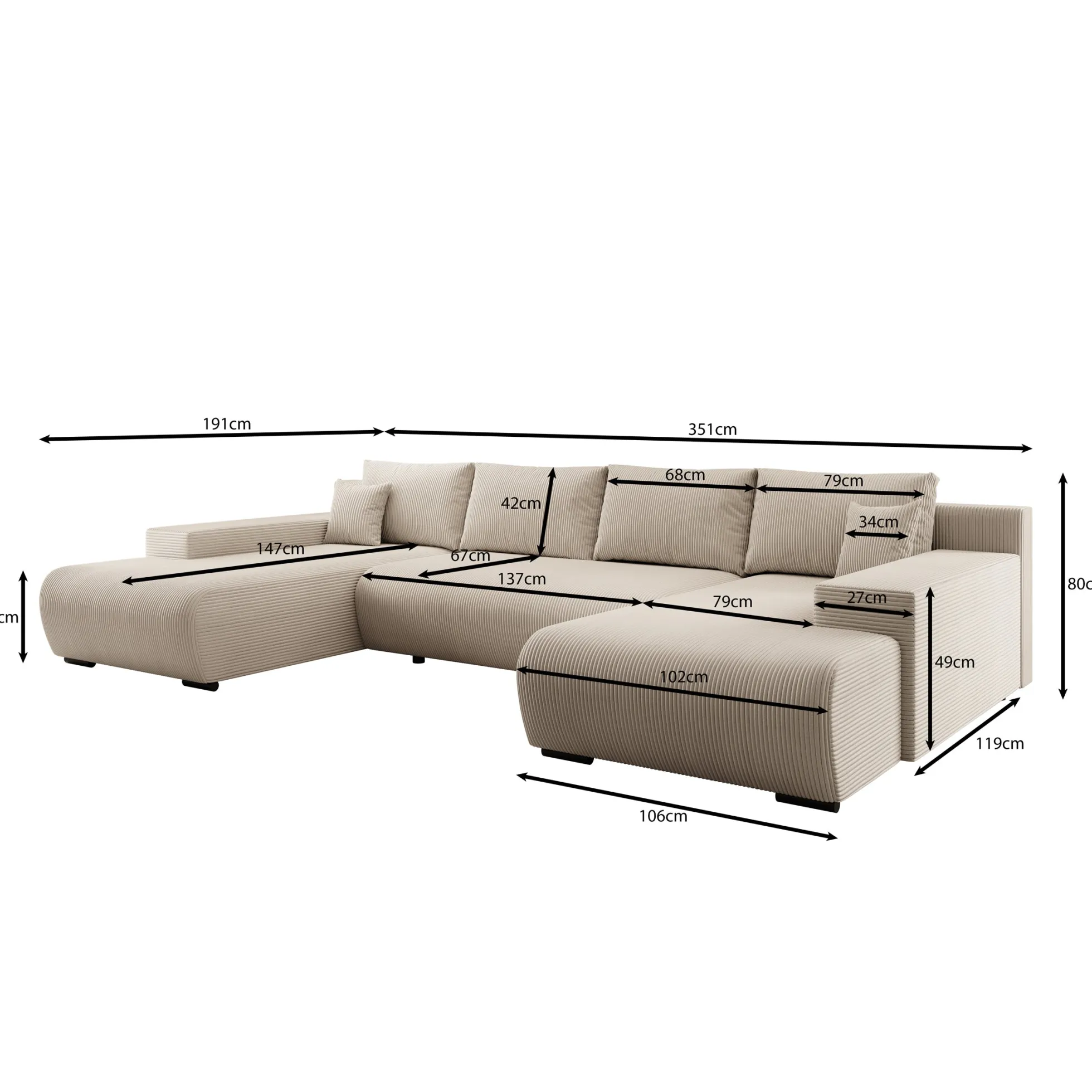 Wincan - Hoekbank 4-zits met chaise longue - Ribstof beige - Universee