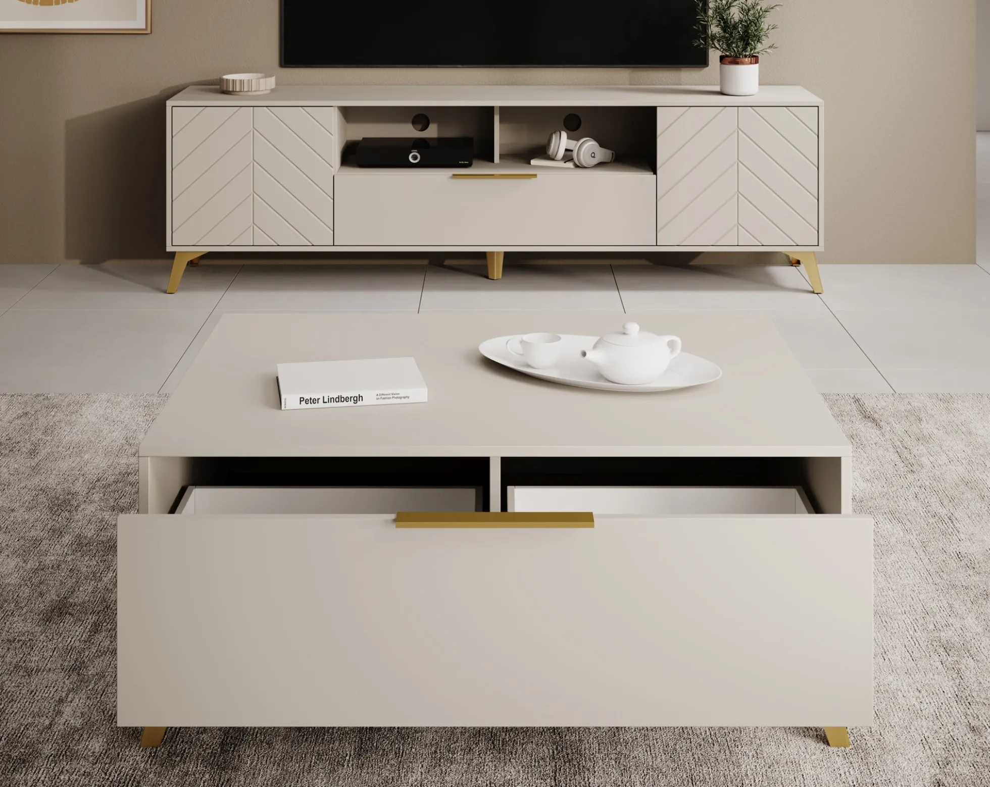 Xiano - Salontafel met lade - Beige - 104x75x45 cm