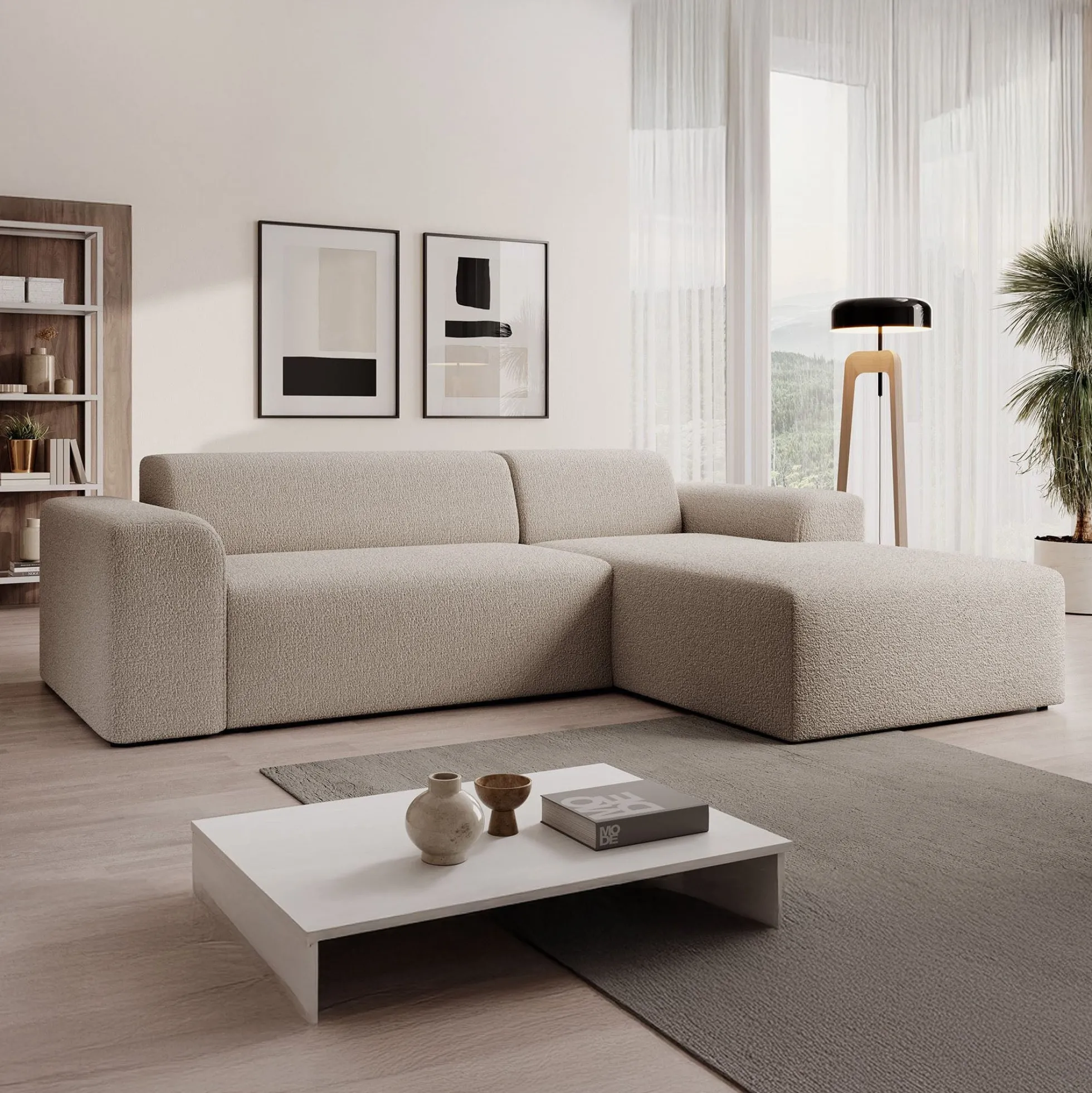 Zamzi - Hoekbank 3-zits met chaise longue - Teddystof beige - Rechts