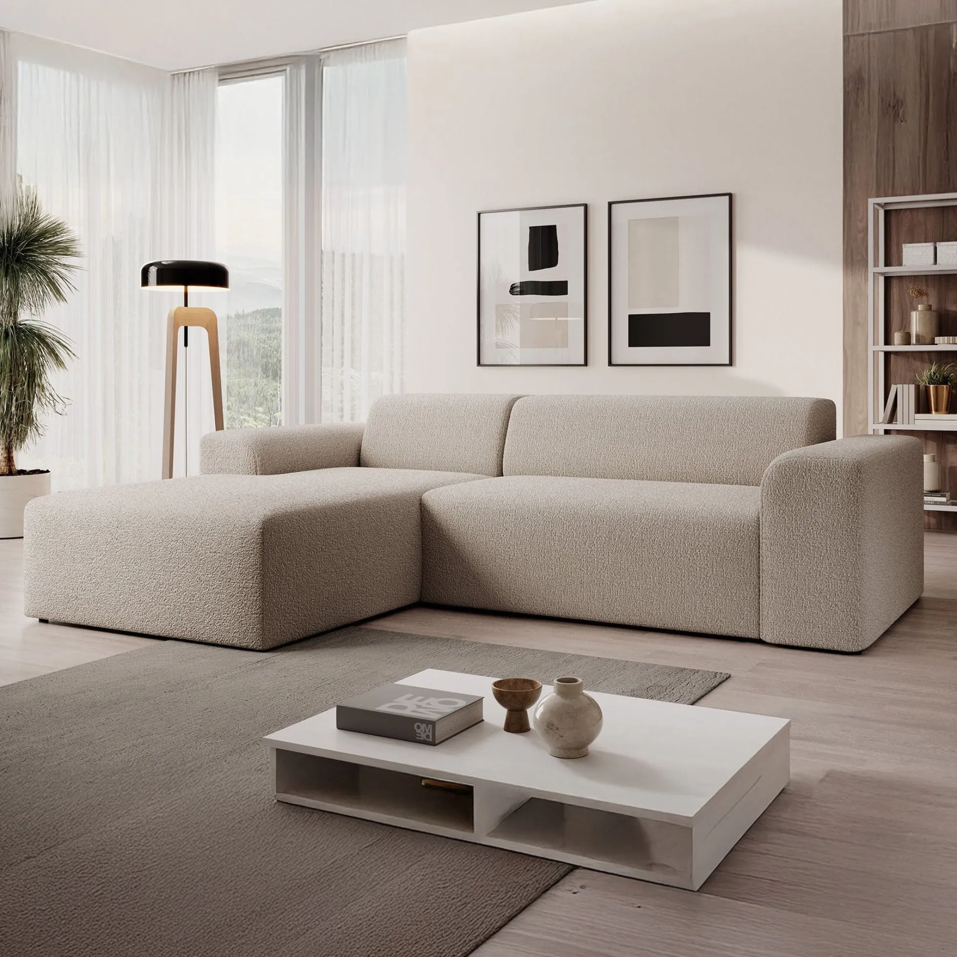 Zamzi - Hoekbank 3-zits met chaise longue - Teddystof beige - Links