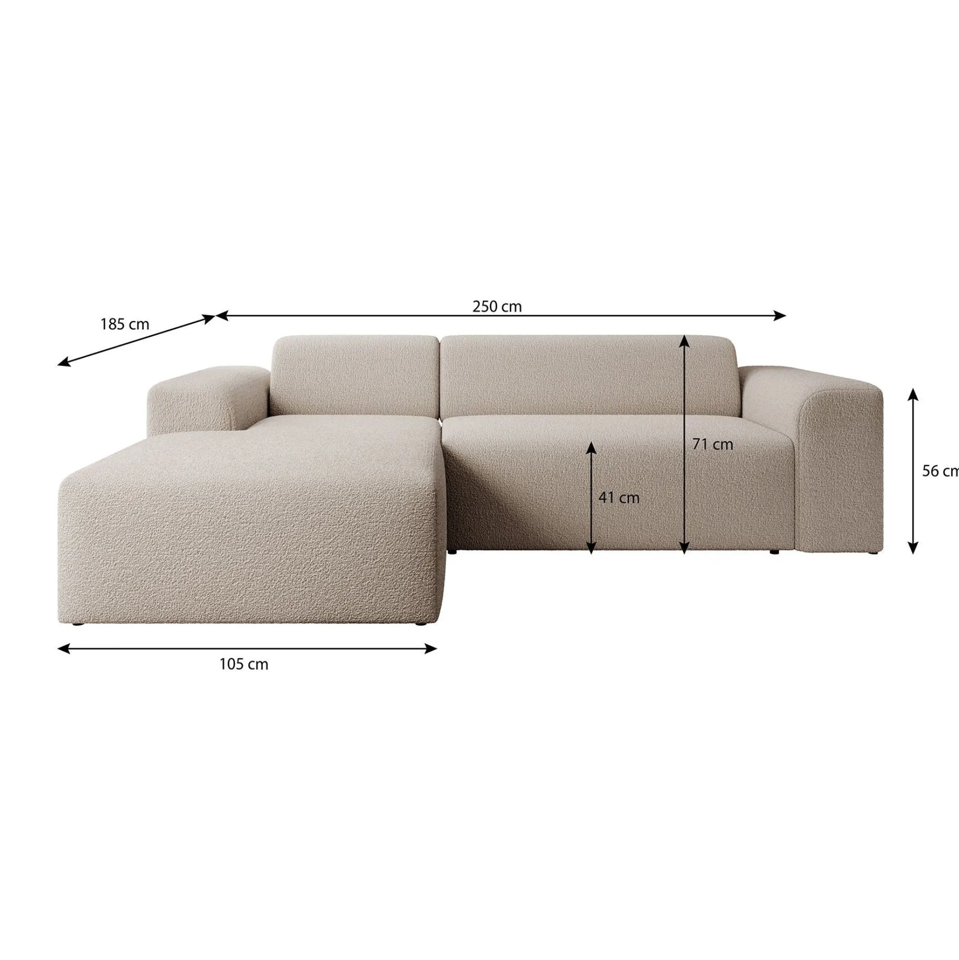 Zamzi - Hoekbank 3-zits met chaise longue - Teddystof beige - Links